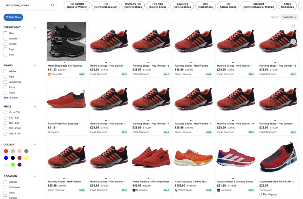 Bing Shopping search results for red running shoes. Displays multiple brands, prices, and filtering options for red running shoes.