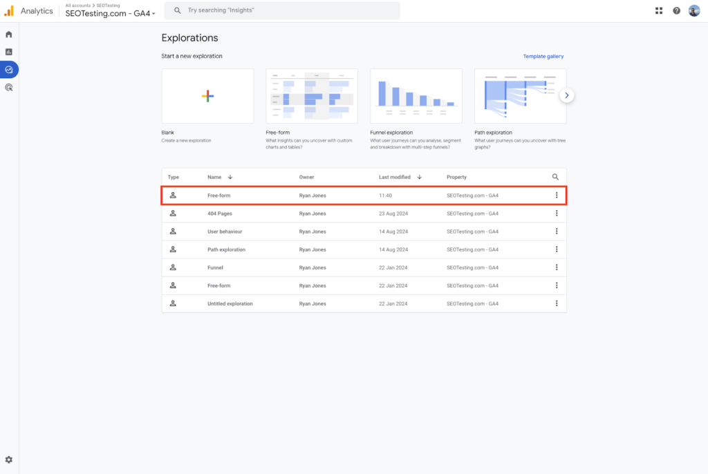 Google Analytics 4 (GA4) Explorations tab with the Free-Form exploration type highlighted in the list of saved explorations.