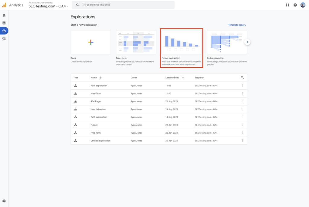 Google Analytics 4 (GA4) Explorations page with the Funnel Exploration option highlighted, showing segmentation and multi-step funnel analysis.