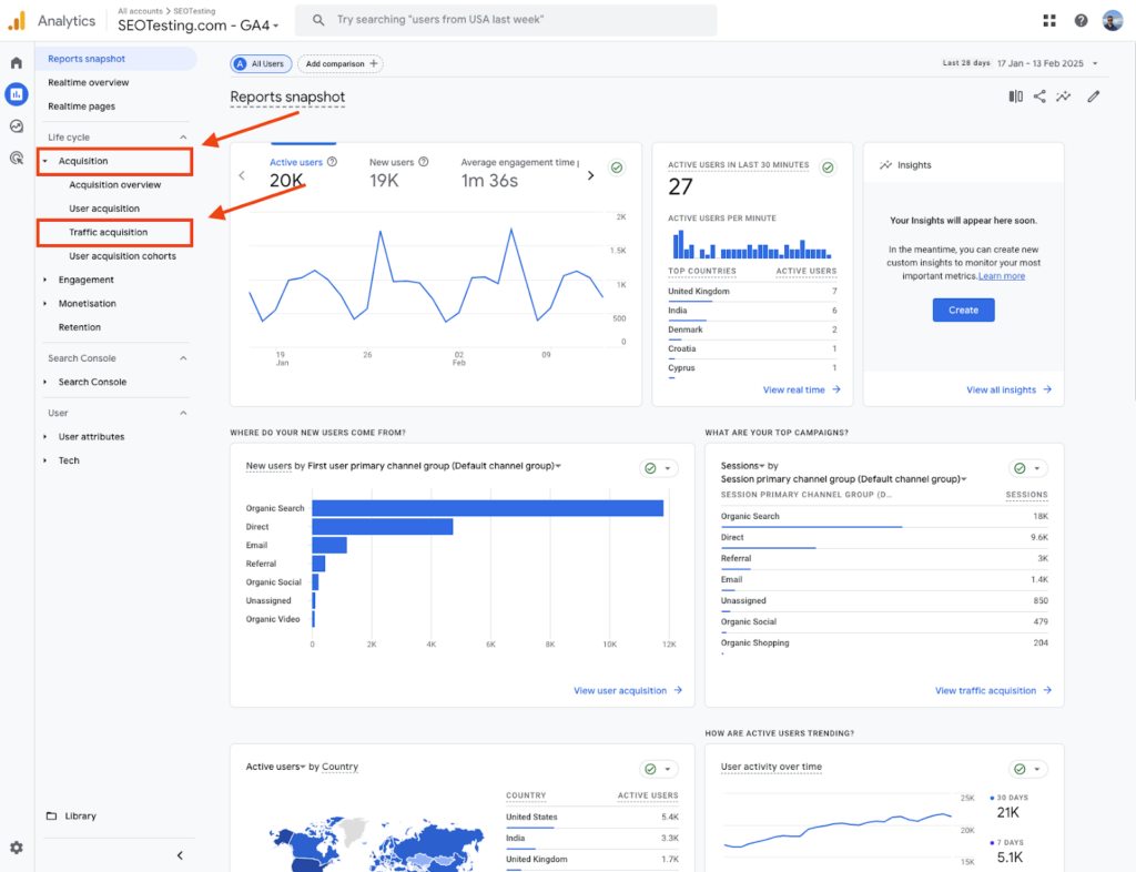 Google Analytics 4 (GA4) reports snapshot for SEOTesting.com with the Acquisition and Traffic Acquisition tabs highlighted. Shows user acquisition sources, engagement time, and session data.