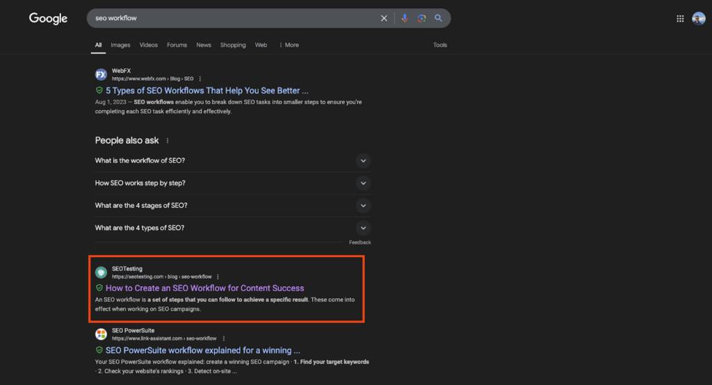 Google search results page for 'SEO workflow' displaying a highlighted search result from SEOTesting.com with the article titled 'How to Create an SEO Workflow for Content Success,' ranking prominently among other SEO-related results.