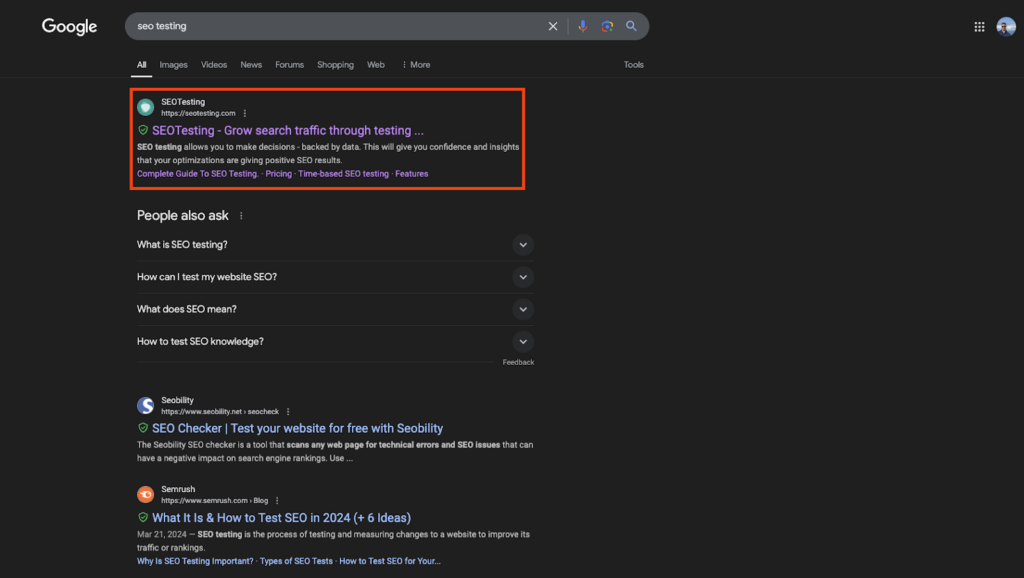 Google search results page for 'SEO testing' showing SEOTesting.com ranking at the top with the title 'SEOTesting - Grow search traffic through testing,' emphasizing data-backed SEO decision-making.