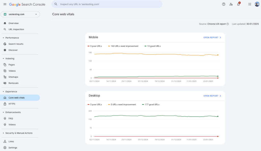 Google Search Console Core Web Vitals report for seotesting.com, displaying performance metrics for mobile and desktop. Mobile shows 163 URLs needing improvement and 13 good URLs, while desktop has 177 good URLs and no issues, indicating a stronger performance on desktop.