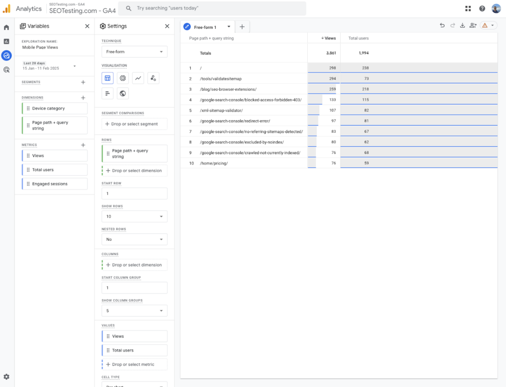 Google Analytics 4 (GA4) custom report for mobile page views, showing total users, engaged sessions, and page performance based on mobile traffic.