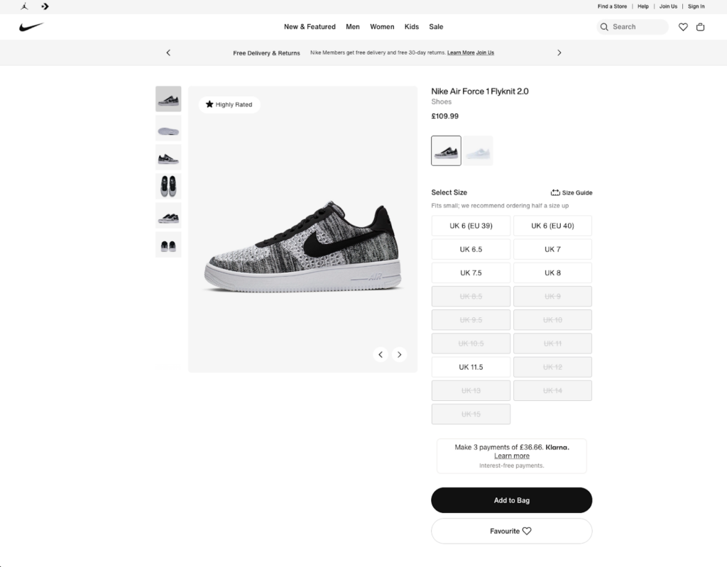 Nike product page for Air Force 1 Flyknit 2.0 shoes. Shows shoe images, pricing, size selection, and purchasing options.