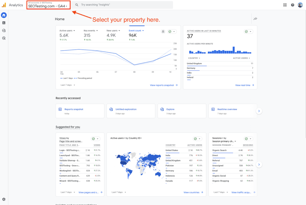 Google Analytics 4 (GA4) homepage with an arrow pointing to the property selection dropdown, guiding users to select their analytics property.