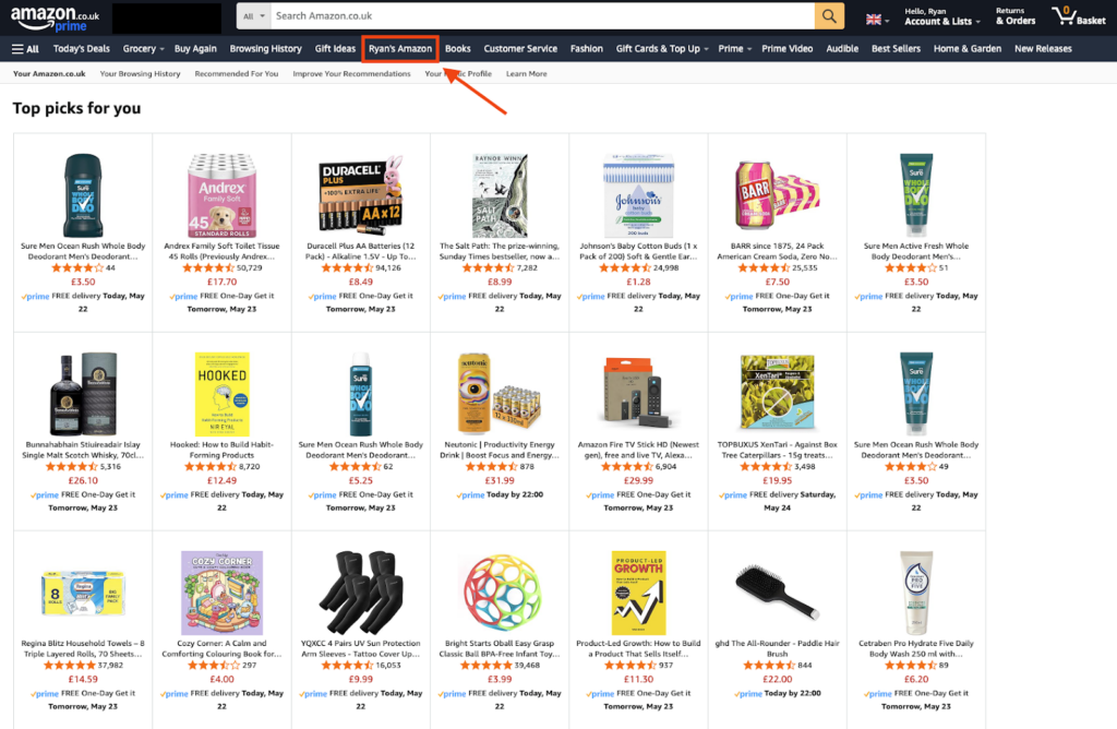 Amazon UK personalized category page labeled 'Ryan’s Amazon' showing top product picks based on browsing history with items like toiletries books snacks and gadgets