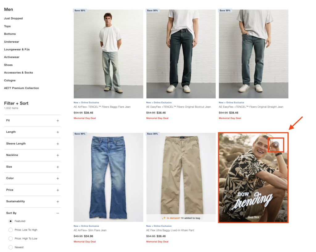 American Eagle men’s jeans category page with product filters on the left product listings with discounts and a promotional video ad for trending styles on the right