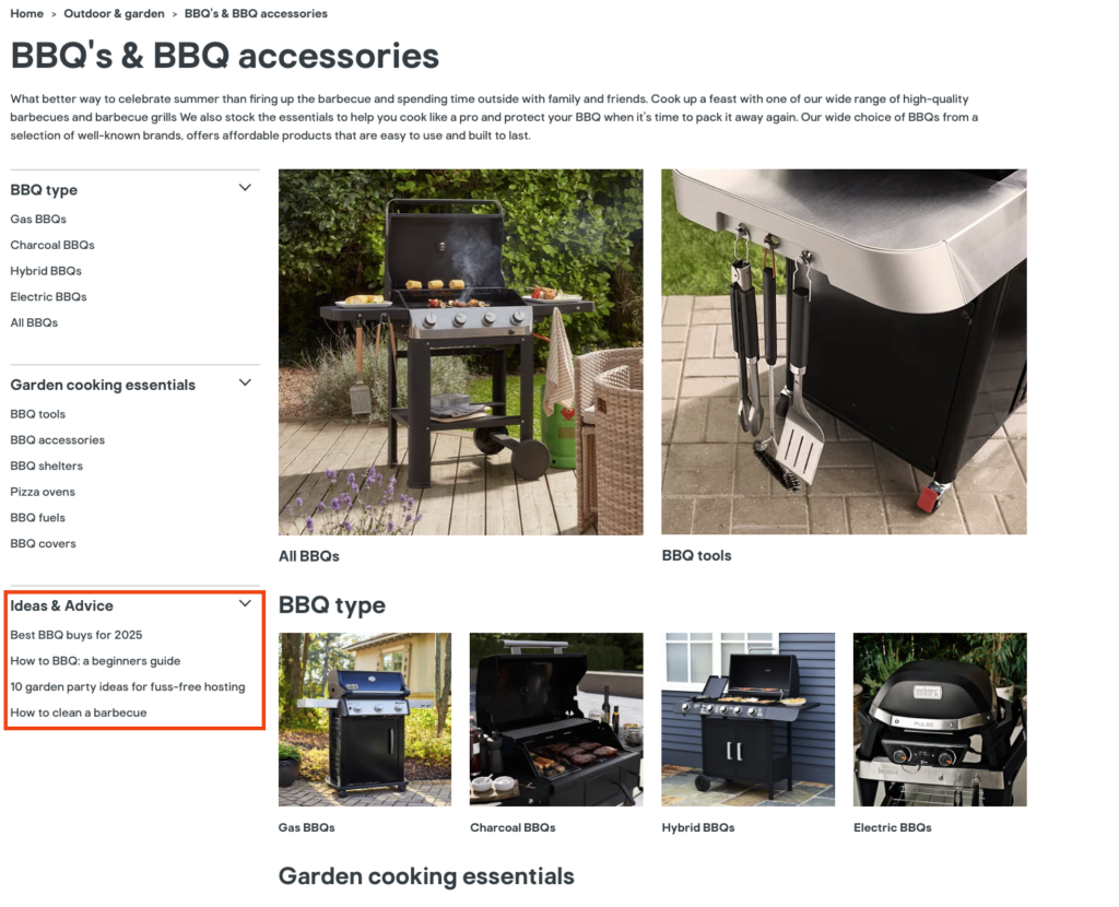B&Q BBQ category page showing BBQ types filters garden cooking essentials and ideas & advice section with guides for summer grilling and party hosting