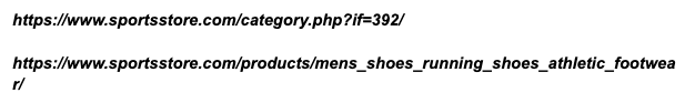 Examples of poor category URLs with parameters and long keyword-stuffed slugs from a sports store website