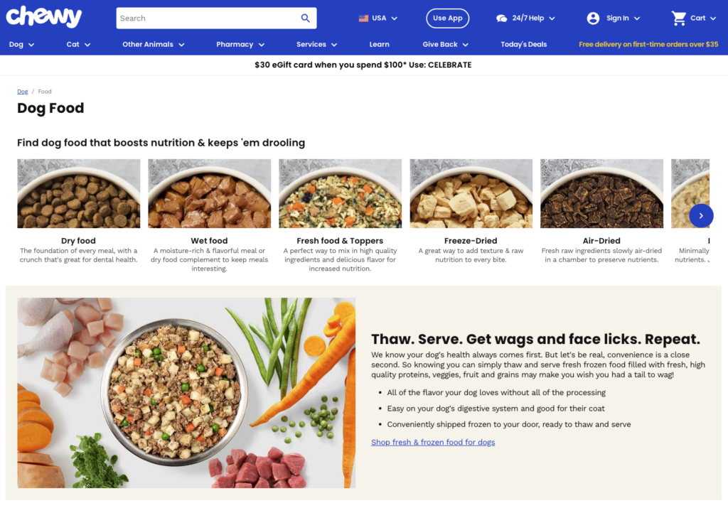 Chewy dog food category page with tabs for dry wet fresh freeze-dried and air-dried food plus promotional banner about frozen food benefits