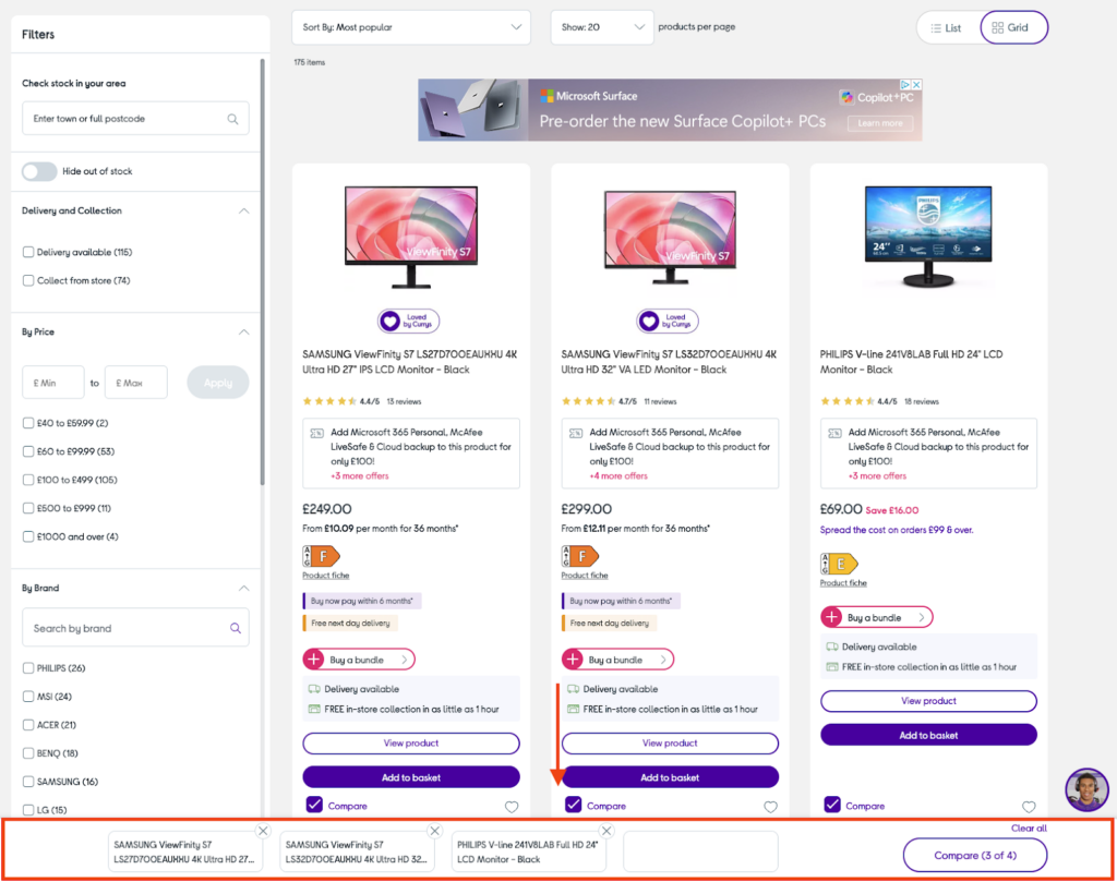 Currys monitor category page with filters for stock delivery price and brand plus product comparison bar showing three selected monitors for side-by-side review