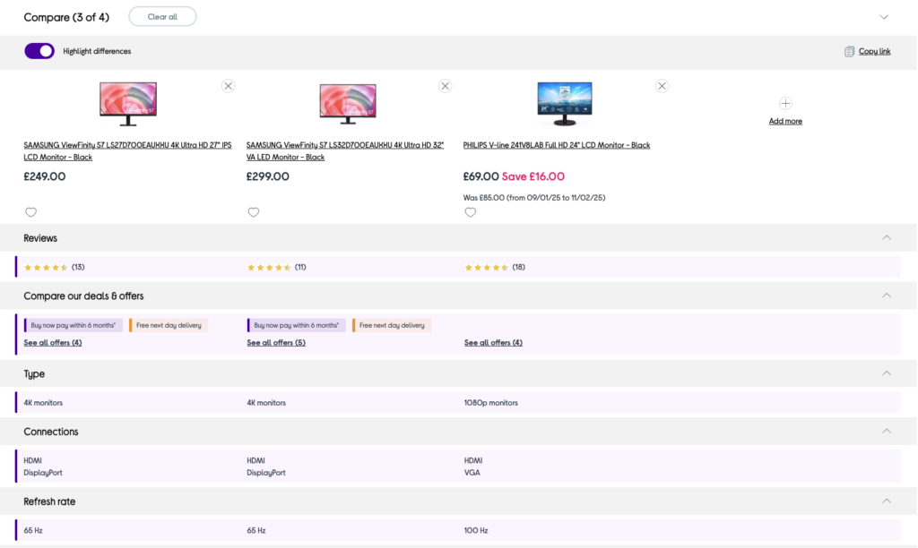 Currys product comparison view showing three monitors side by side with specs like price reviews type connections refresh rate and available deals highlighted