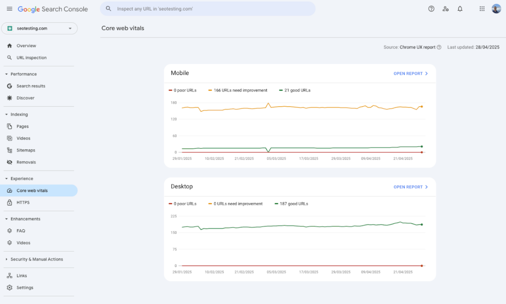 Google Search Console report showing mobile and desktop Core Web Vitals for SEOTesting.com with line graphs for good URLs and URLs needing improvement.