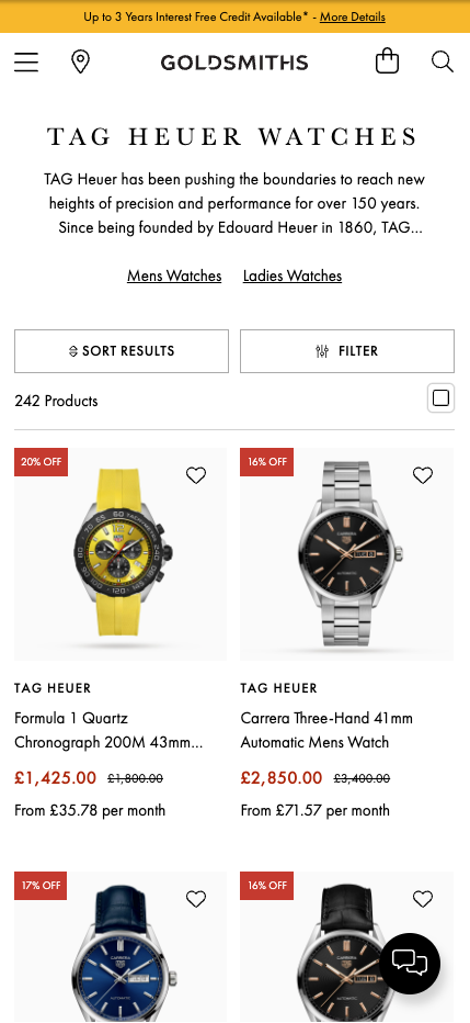 Goldsmiths mobile category page for TAG Heuer watches showing product filters sorting options and discounted luxury men's watches with monthly pricing