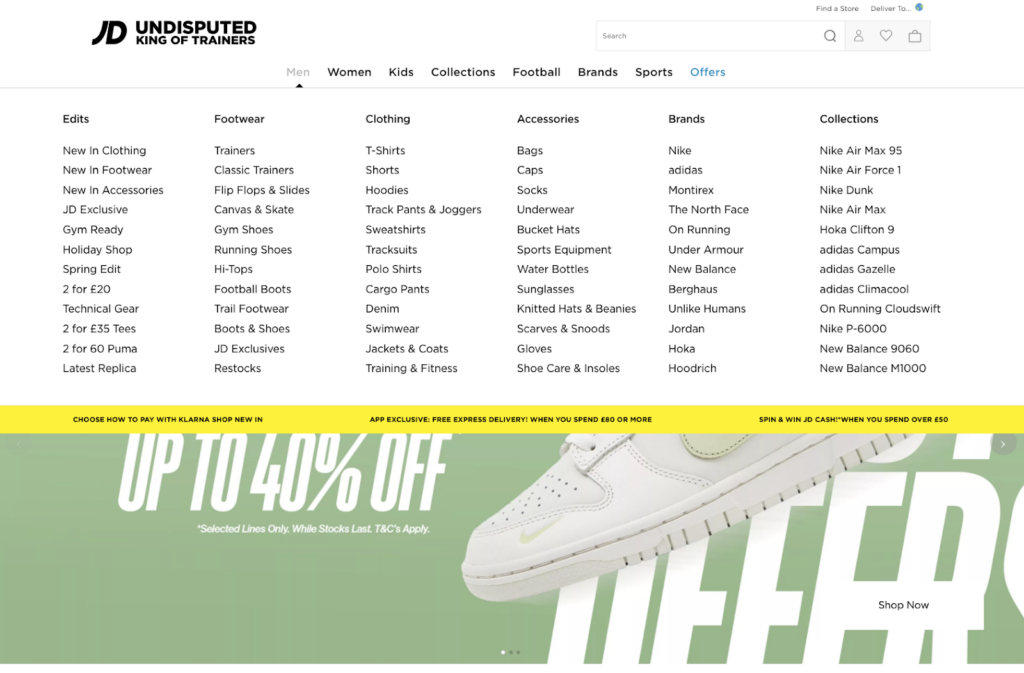 JD Sports main navigation mega menu showing categories for edits footwear clothing accessories brands and collections under the Men’s section