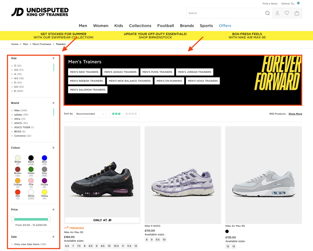JD Sports men's trainers category page with main navigation, faceted filters for size brand color and price, and product listings including Nike Air Max 95