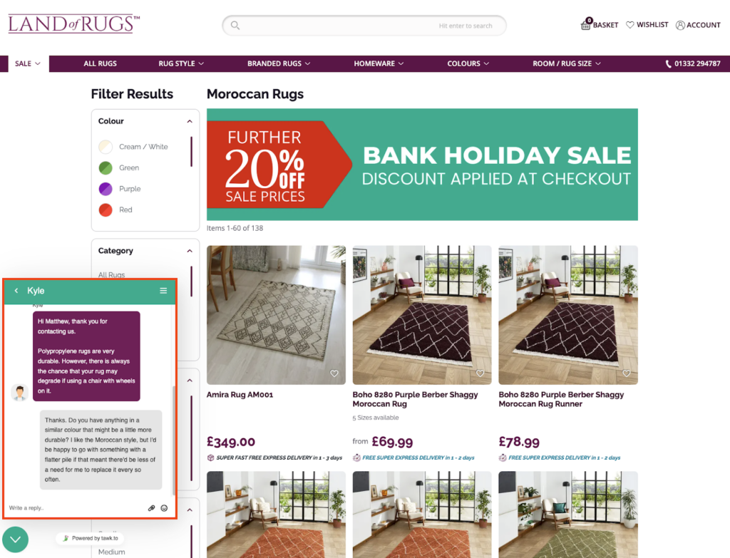 Land of Rugs Moroccan rugs category page with filters for color and category plus active live chat window offering product advice
