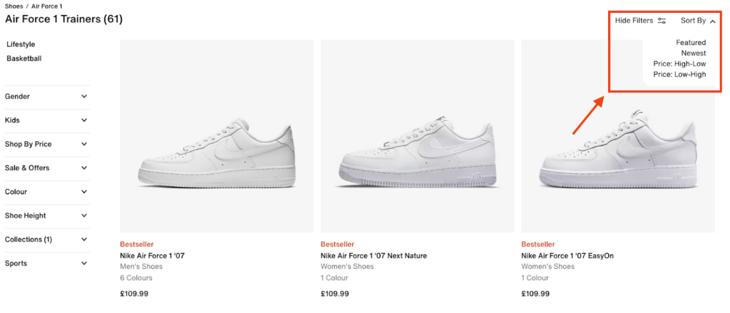 Nike Air Force 1 product listing page with filter options for gender price color and more plus sorting dropdown for featured newest and price order