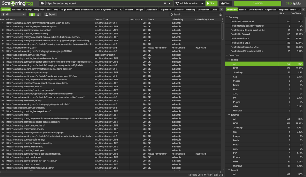 Screenshot of Screaming Frog SEO Spider tool showing crawled URLs, indexability status, and crawl data summary for SEOTesting.com