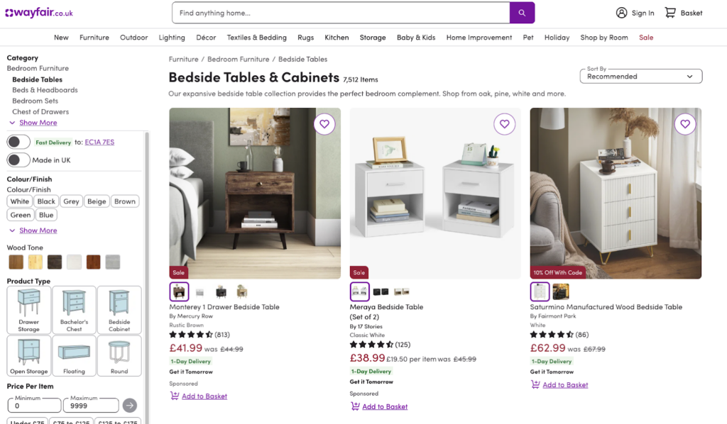 Wayfair bedside tables category page with filters for color wood tone product type and price alongside product listings with prices ratings and delivery options