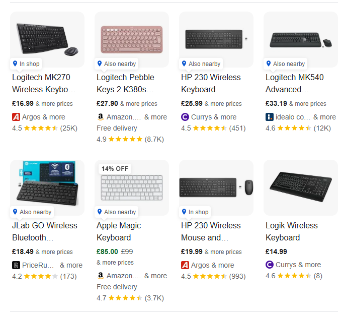 Google SERP showing popular products grid with wireless keyboards