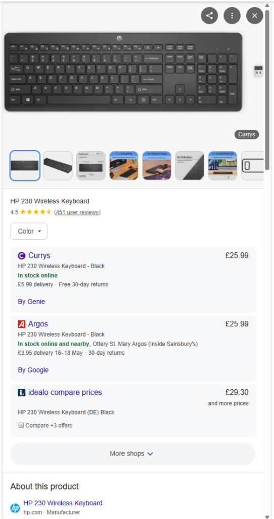 Google product knowledge panel for HP 230 wireless keyboard with pricing and retailers