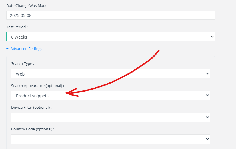 Search Appearance filter set to 'Product snippets' in SEOTesting test configuration panel with red arrow pointing to selection