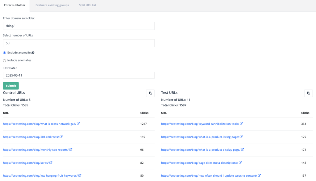 SEOTesting split test setup screen for blog subfolder. Shows selection of test and control URLs with click counts. Useful for demonstrating SEO test configuration and grouping within the platform.