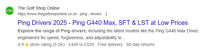 Google search result for Ping Drivers 2025 with product snippet showing star rating, price range, free delivery, and return policy