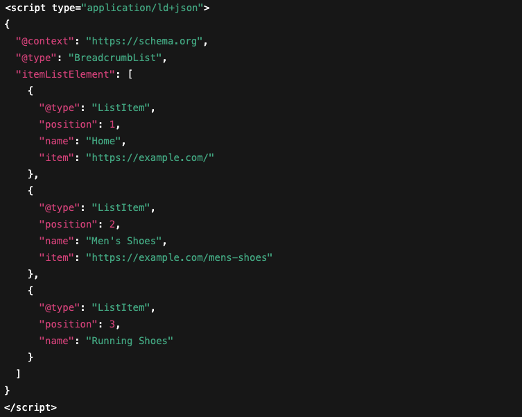 Example of breadcrumb schema markup using JSON-LD with structured data for home men's shoes and running shoes