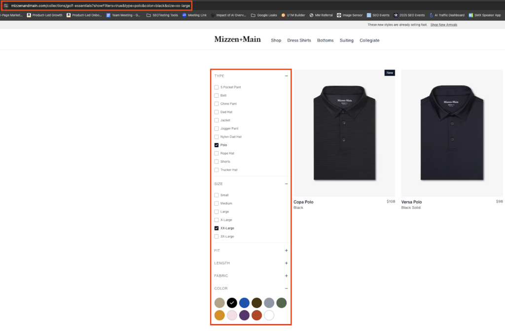 Ecommerce product page showing active filters for polo type black color and XX-Large size on Mizzen and Main