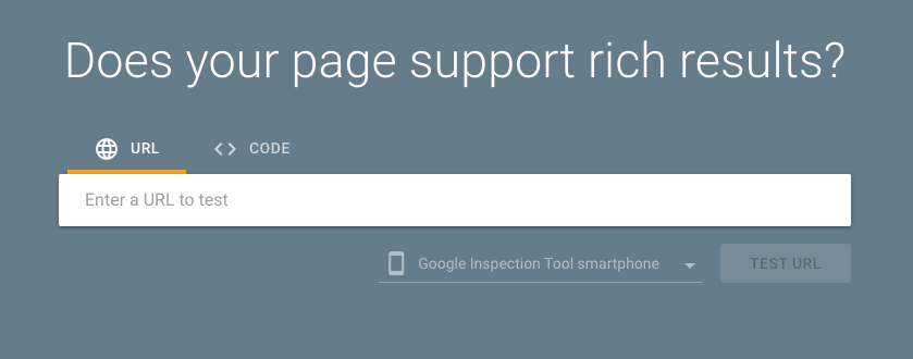Screenshot of the Google Rich Results Test tool with input field to check if a URL supports enhanced search features