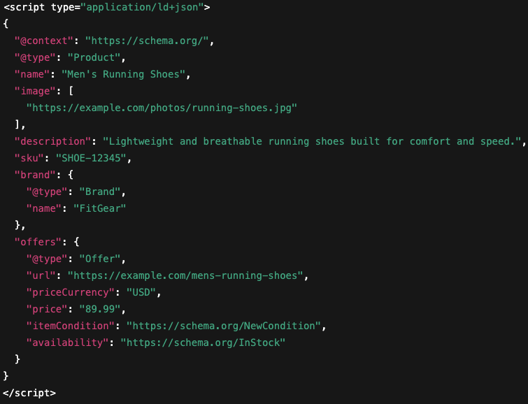 Product schema markup in JSON-LD showing details for men's running shoes including brand image price and availability