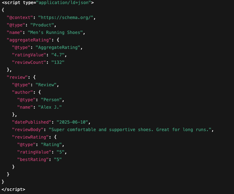 Structured data example showing product reviews and ratings for men's running shoes using JSON-LD format