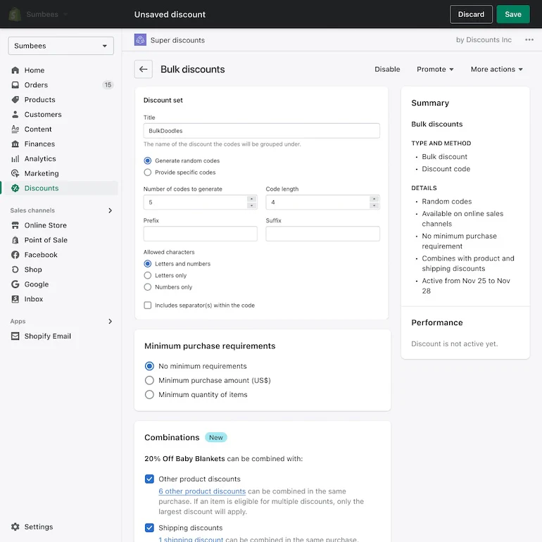 Shopify admin dashboard showing bulk discount setup with random code generation and combination rules
