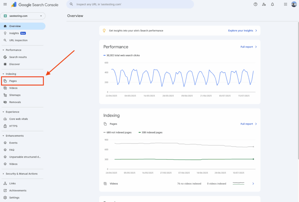Google Search Console dashboard with Page indexing report link highlighted under Indexing section.