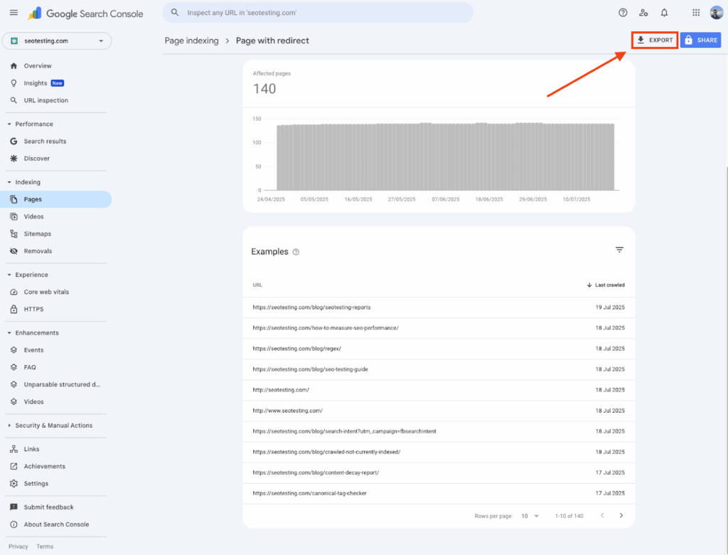 Google Search Console Page with redirect report with export button highlighted for downloading affected URL data.
