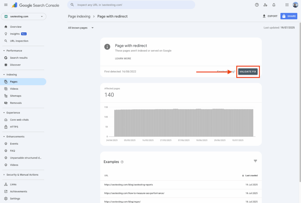 Google Search Console Page with redirect report with Validate Fix button highlighted for confirming issue resolution.