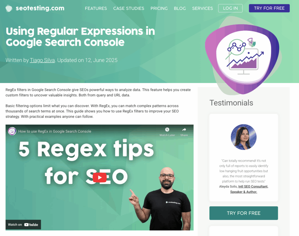 Screenshot of an SEOTesting blog post titled "Using Regular Expressions in Google Search Console" with an embedded video and testimonial from Aleyda Solis.