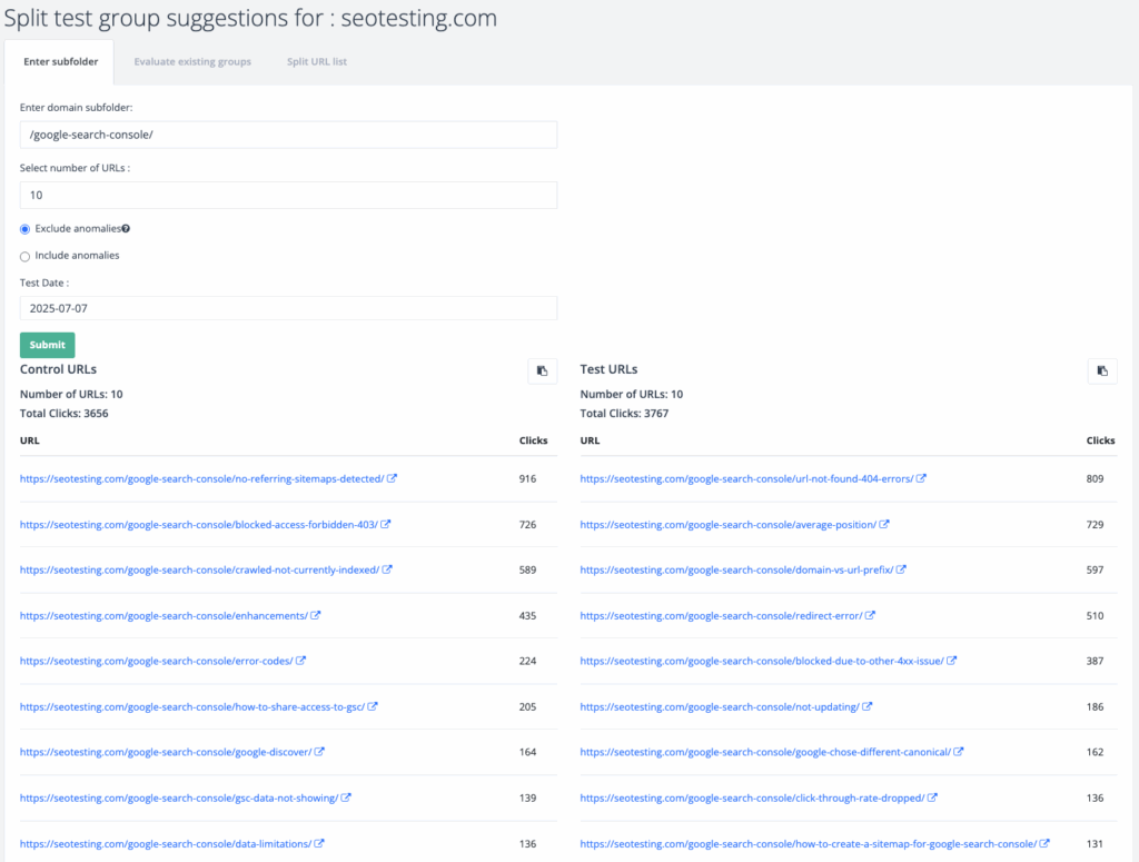 Screenshot of the SEOTesting split test group suggestion tool showing control and test URL groups for the /google-search-console/ subfolder with click data.