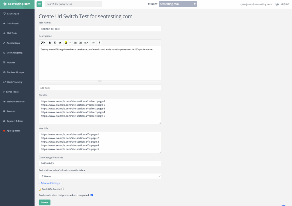SEOTesting URL Switch Test setup for seotesting.com showing Redirect Fix Test configuration with old and new URLs and test duration options.