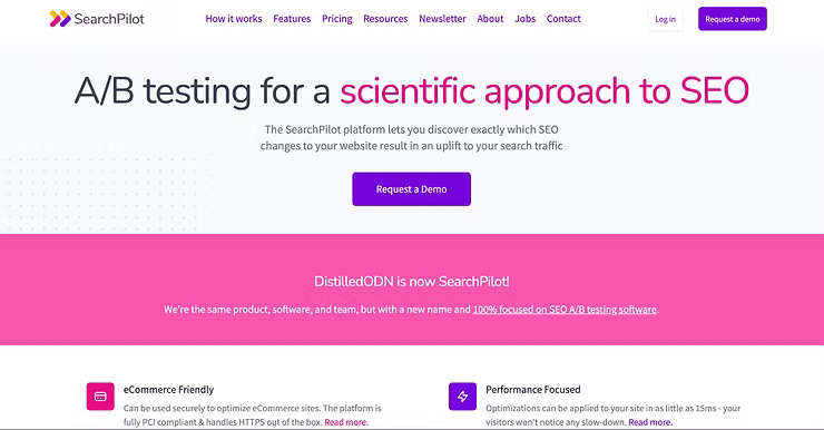 SearchPilot homepage screenshot promoting SEO A/B testing platform with features for ecommerce and performance-focused SEO experimentation.