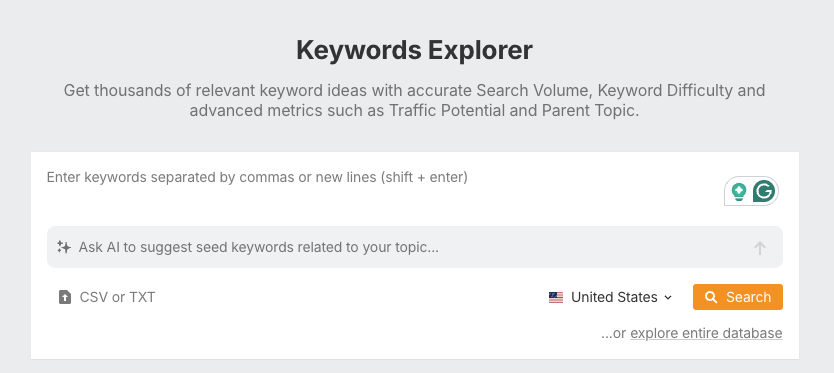 Ahrefs keyword explorer input interface allowing users to enter seed keywords for SEO research with country selector and CSV upload option enabled for United States.
