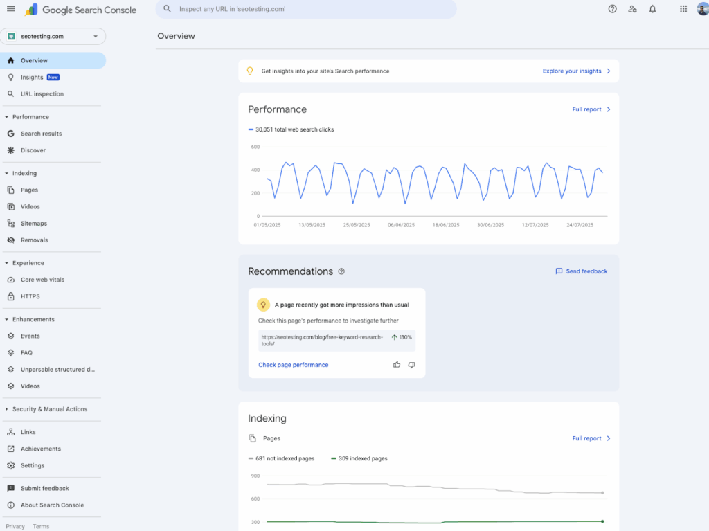 Google Search Console site overview for SEOTesting.com highlighting performance insights total clicks indexing trends and a recommendation for a page with rising impressions.