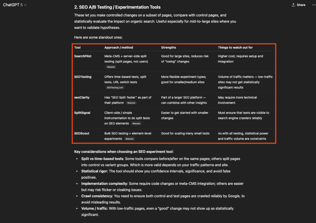 Comparison table of SEO A/B testing and experimentation tools including SearchPilot, SEOTesting, seoClarity, SplitSignal, and SEOScout with their methods, strengths, and considerations.