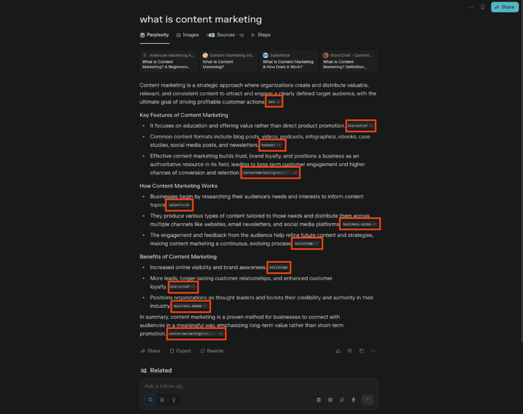Perplexity search result for what is content marketing showing definition, key features, how it works, and benefits with highlighted citations from sources like AMA, HubSpot, Salesforce, Mailchimp, StoryChief, and Content Marketing Institute.