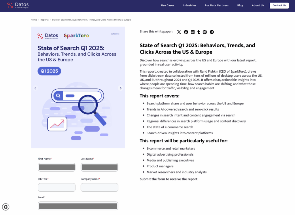 Datos and SparkToro State of Search Q1 2025 report landing page highlighting behaviors, trends, and clicks across the US and Europe with key insights on AI search, zero-click results, regional differences, and e-commerce search.