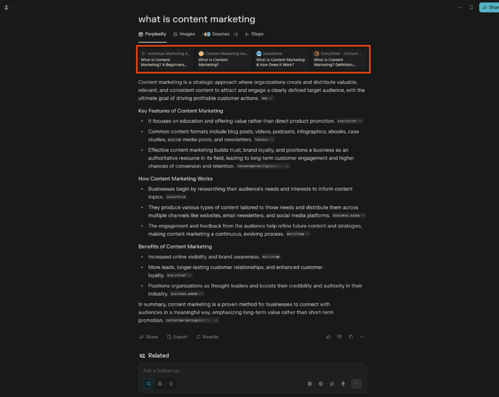 Perplexity search result for what is content marketing showing definition, key features, how content marketing works, and benefits with sources from AMA, Salesforce, HubSpot, and StoryChief.