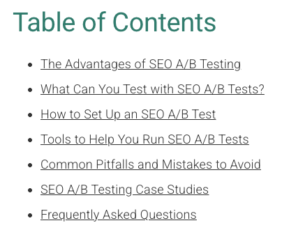 SEOTesting blog table of contents listing sections on advantages of SEO A/B testing, test examples, setup guide, tools, common pitfalls, case studies, and FAQs.